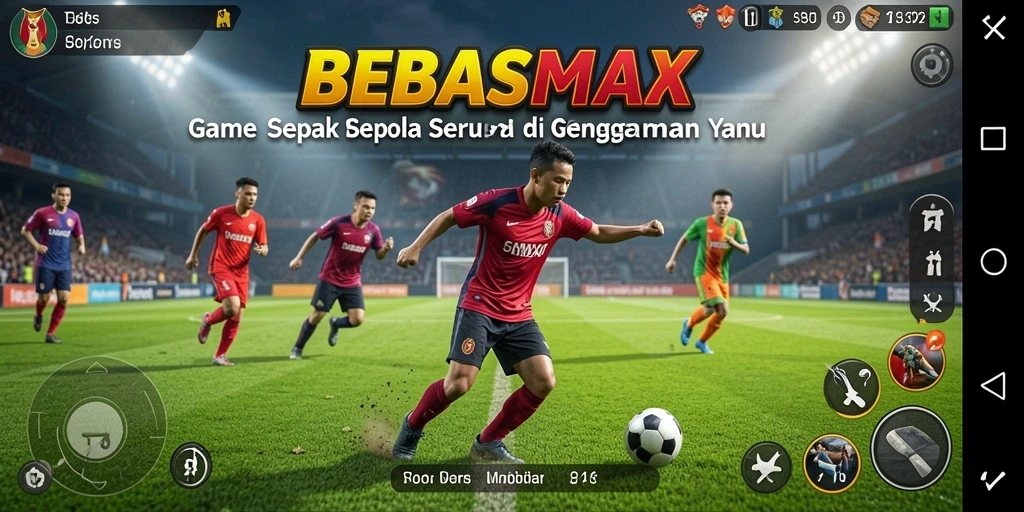Tangkapan layar gameplay BEBASMAX menampilkan aksi seru di lapangan sepak bola.
