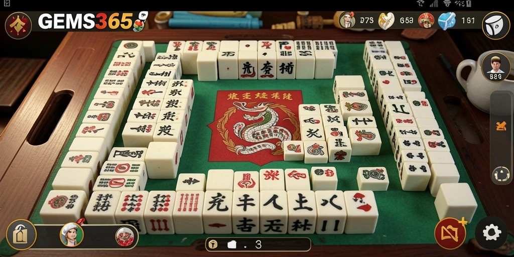 Tangkapan layar utama GEMS365 menampilkan gameplay seru Mahjong.