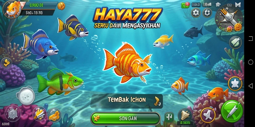 Tampilan gameplay HAYA777 yang penuh aksi saat menembak ikan.