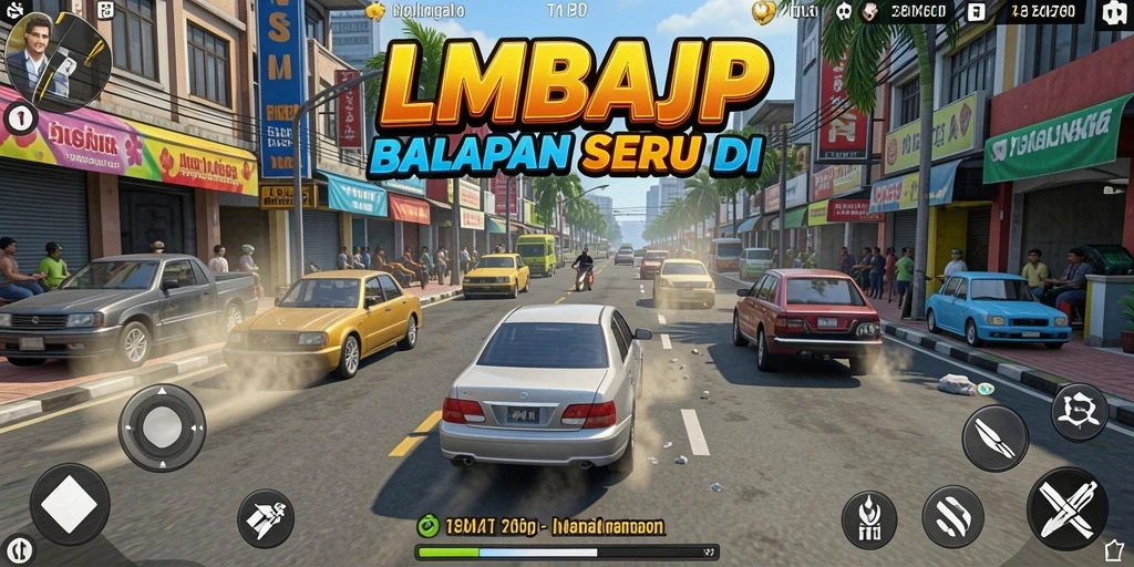 Tampilan gameplay Racing seru dalam LMBAJP dengan kendaraan melaju kencang.