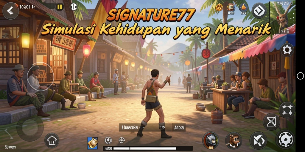 Screenshot utama SIGNATURE77 menampilkan interaksi karakter dalam lingkungan simulasi.