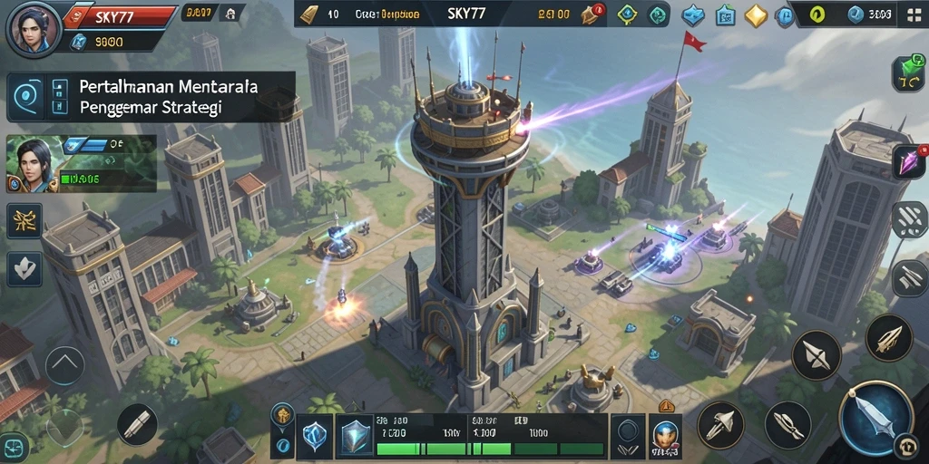 Screenshot gameplay SKY77 menampilkan aksi Tower Defense yang mendebarkan.