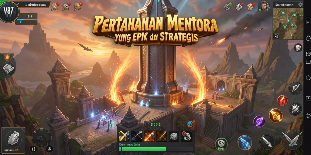 Tampilan gameplay epik dari V87 dengan menara pertahanan yang strategis.